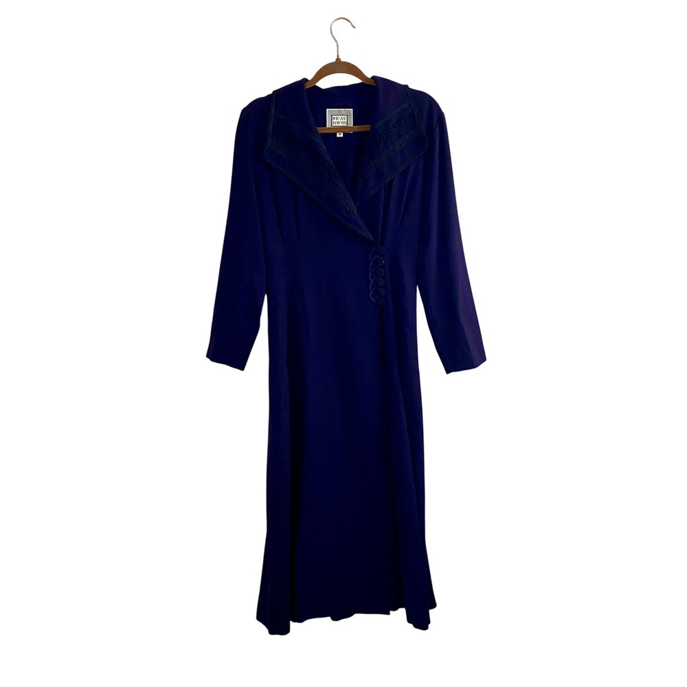 Vintage Beau David Purple Wool Blend Maxi Coat Dress Soutache Trim 8